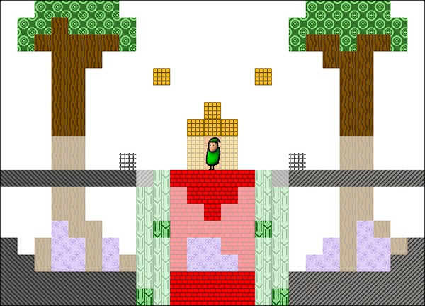 Screenshot of the player standing in a nicely-drawn shrine in a park.