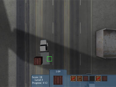 Screenshot showing a crate dropping down on a flatbed truck below.