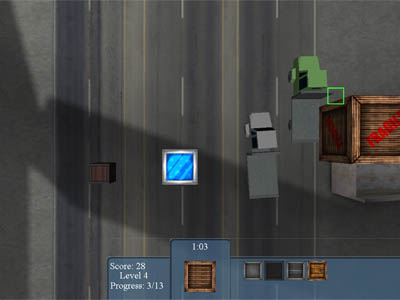Screenshot showing multiple crates dropping onto trucks below.