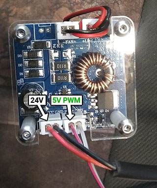 Photo showing laser power and control wires attached to the laser module.