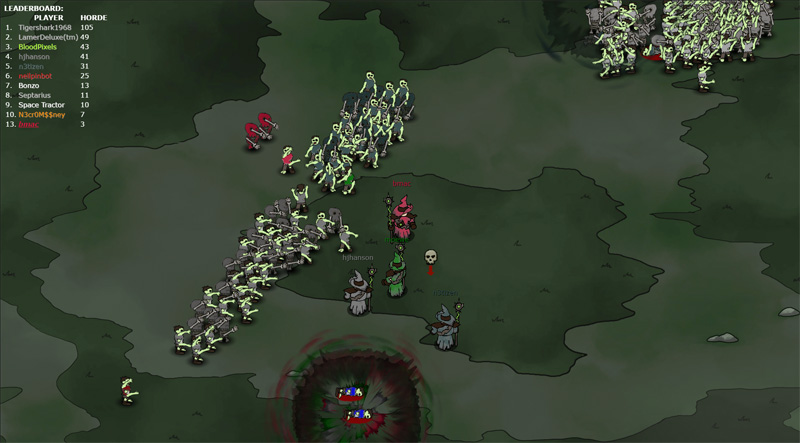 Screenshot of several hordes of zombies being directed by many necromancers to kill each other.