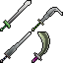 Four randomly-generated sword sprites.