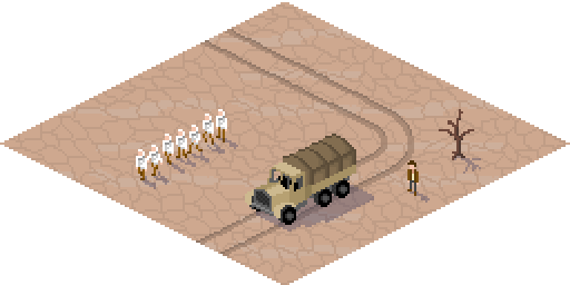 Pixel art of a truck and workers